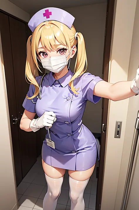 1girl, solo, nurse, nurse cap, white wear, ((white legwear, zettai ryouiki)), white gloves, twintails, yellow hair, purple eyes, ((white surgical mask, covered nose)), standing, ((hospital room)), sharp outline, short sleeves, best quality, masterpiece