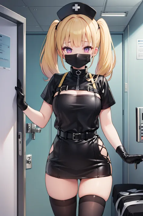 black nurse, 1girl, solo, black nurse cap, black wear, ((black legwear, zettai ryouiki)), black elbow gloves, twintails, yellow hair, purple eyes, ((black surgical mask, covered nose)), standing, ((surgery room)), sharp outline, short sleeves, best quality...