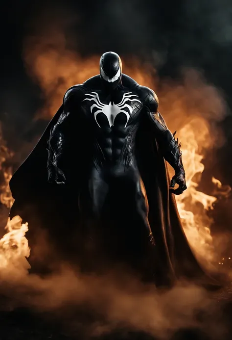 Venom in slime form combined with The Dark Knight, evil, enemy, black torn Cape, dark scene, smoke, fire