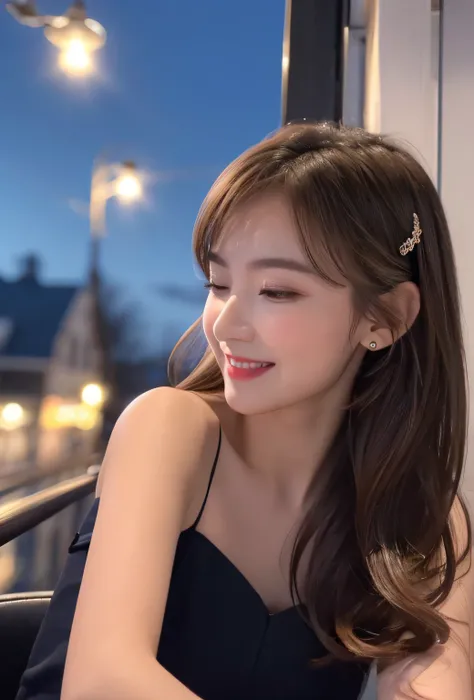 (8k, top quality, masterpiece: 1.2), (realistic, photorealistic: 1.37), super detailed, girl single, cute, solo, midnight, beautiful detailed sky, detailed café, sitting, date, (blush), (smile: 1.15), small breasts (mouth closed), beautiful fine eyes, floa...