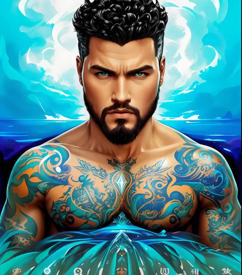 there is a man with tattoos on his chest and chest, simetria!! Retrato de Ciborgue, pintura digital altamente detalhada, simetria!! Retrato de Akuma, arte digital detalhada, arte digital detalhada, arte digital altamente detalhada, in illustration style di...