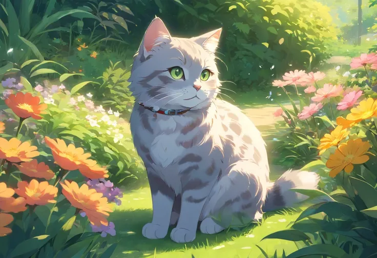 A light grey tabby british cat, detailed eyes and fur, sitting in a sunlit garden, surrounded by colorful flowers. Soft, warm lighting illuminates the scene, highlighting the cats delicate features. The cat is peacefully resting on a mossy stone bench, its...