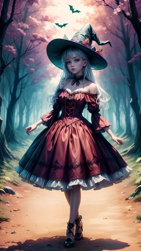 Whimsical Halloween Witch, Dress up in vibrant and playful outfits, Stand in a magical forest full of colorful magic splashes. Cartoon style with watercolor effects, 2D, and white background. Great for character design or fantasy-themed t-shirt design. Res...