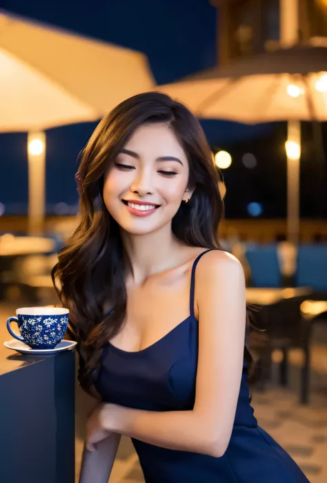 (8k, top quality, masterpiece: 1.2), (realistic, photorealistic: 1.37), super detailed, girl single, cute, solo, midnight, beautiful detailed sky, detailed café, sitting, date, (blush), (smile: 1.15), small breasts (mouth closed), beautiful fine eyes, floa...