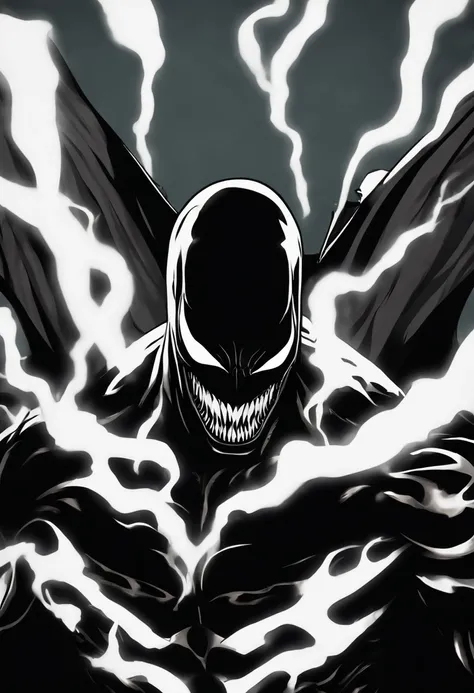 Venom in slime form combined with Batman, evil, enemy, black torn Cape, dark scene, smoke, fire, venom Bat symbol on chest,