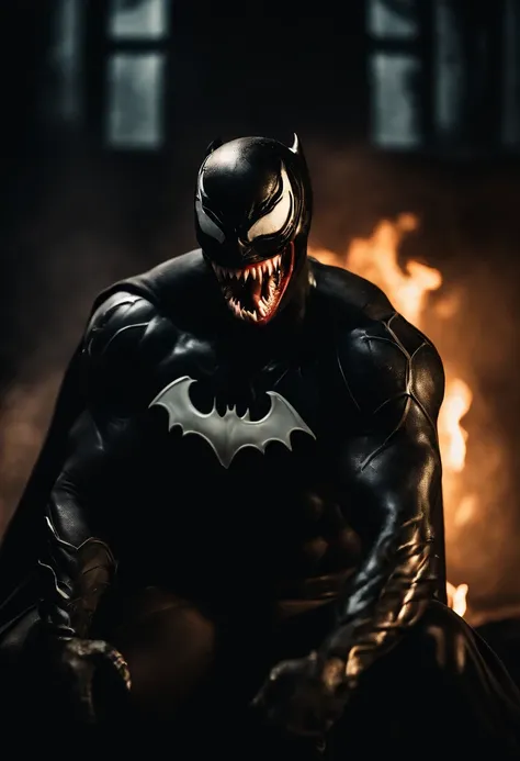 Venom in slime form combined with Batman, evil, enemy, black torn Cape, dark scene, smoke, fire, venom Bat symbol on chest,