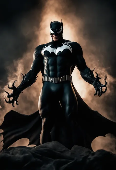 Venom in slime form combined with Batman, evil, enemy, black torn Cape, dark scene, smoke, fire, venom Bat symbol on chest,