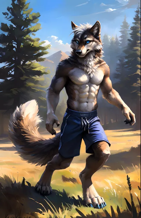 ((Solo)), male people, anthro wolf, (Multi-colored fur, White-brown:1.3，White tail pointed), (Height 2.3 meters,Tail length 1.2m), ((Wolf face, White hair, Big eyes, White eyelids, Blue pupil, Slim:1.2) (Tough, Calm expression:1.2)), Abs, Slim, pinging)), ...