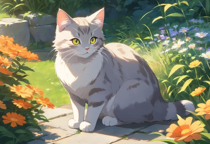 A light grey tabby british cat, detailed bright orange eyes and fur, sitting in a sunlit garden, surrounded by colorful flowers. Happy face, smile. Soft, warm lighting illuminates the scene, highlighting the cats delicate features. The cat is peacefully re...