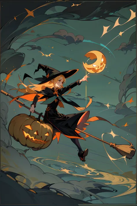 The witch flies through the air on a broom. She is light々and soaring, A jack-o-lantern lamp shines at the end of the broom.Flat Color Artwork)(Stylish design )(of the highest quality)(It features a simple)(Superflat)(Contemporary art)(Flat and many margins...