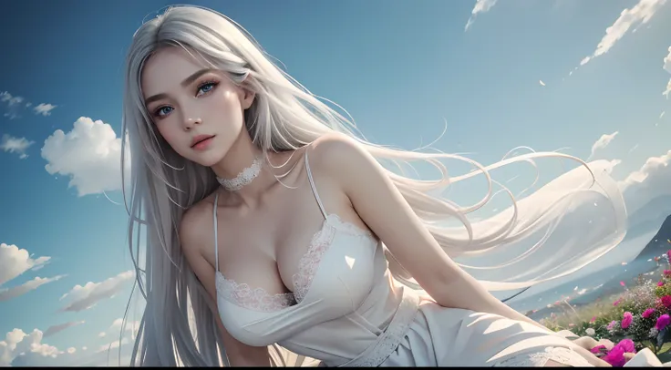 8K high-definition，Look down from above，A sea of flowers，The scene is magnificent，The field of view is wide，A variety of beautiful wildflowers，realistic visual effects，Sexy goddess，Delicate facial features，The eyes are one red and one blue，attractive beaut...