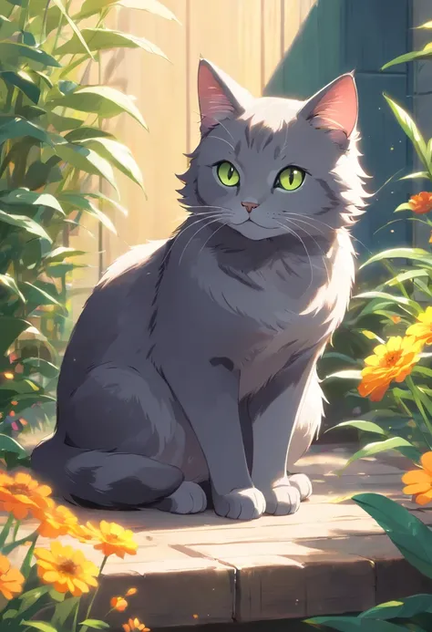 A dark grey short haired british cat, detailed eyes and fur, sitting in a sunlit garden, surrounded by colorful flowers. Soft, warm lighting illuminates the scene, highlighting the cats delicate features. The cat is peacefully resting on home wooden table,...