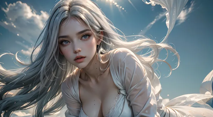 8K high-definition，Look down from above，A sea of flowers，The scene is magnificent，The field of view is wide，A variety of beautiful wildflowers，realistic visual effects，Sexy goddess，Delicate facial features，The eyes are one red and one blue，attractive beaut...