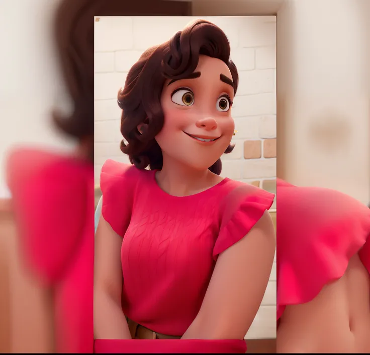 Obra-prima, de melhor qualidade,  estilo Disney pixar ,jovem cabelo Marrom curto com camisa rosa faixa no cabelo em frente a um super mercado de perfil