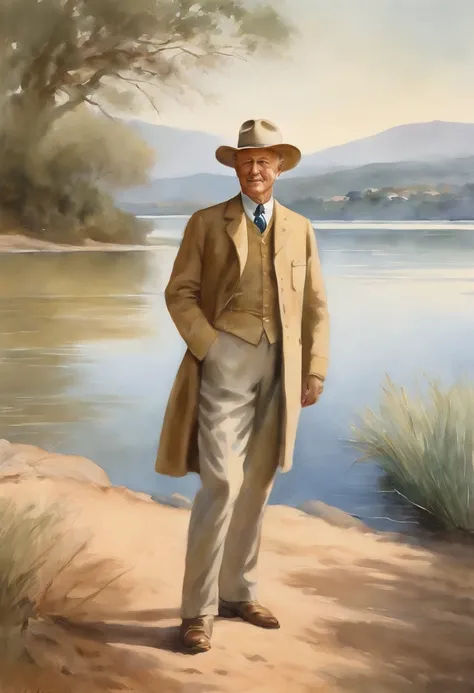 a watercolor portrayal of Baden Powell standing on the Brasília lake, the colors blending softly to create a dreamy, ethereal effect. The waves gently caress the shore, and the distant cityscape is rendered in gentle pastels. Baden Powells countenance is s...