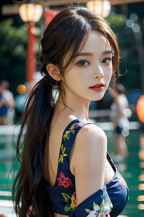 电影灯光，(((tmasterpiece))), ((best qualtiy)), ((intricate and detailed)), ((Ultra-realistic realism)), 4K,1beautiful woman, 25-years old, poneyTail,Ultra-fine yukata,beautiful countenance,Beautiful brown eyes,face perfect,A slender,large full breasts,having a...