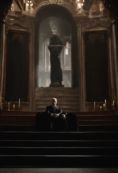 In this ominous scene, a man dressed in an impeccably tailored black suit is seated on a dark, foreboding throne. His presence exudes an air of malevolence, and his posture exudes an unsettling confidence. His eyes, a piercing shade of crimson, radiate a s...