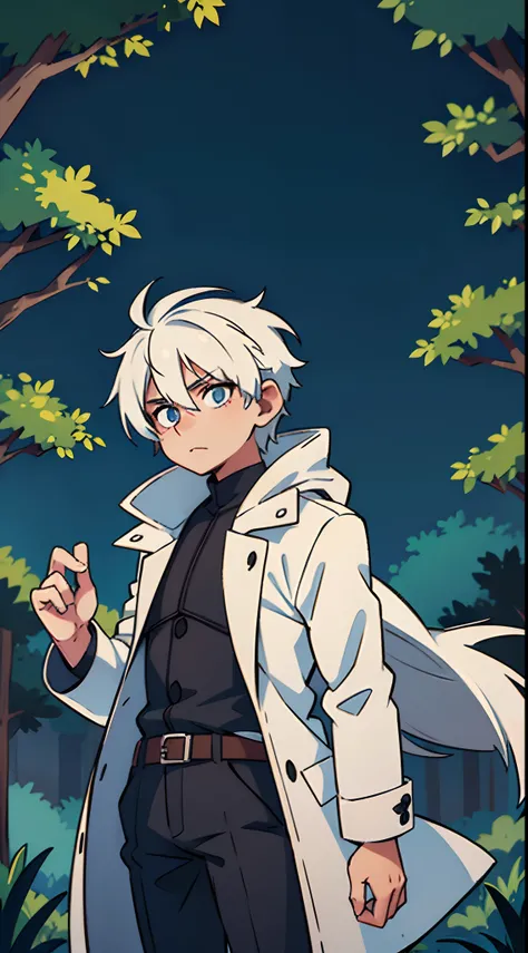 1 male, white haired, black coat, in forest, night time