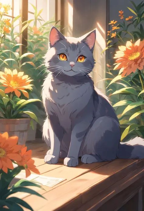 A dark grey short haired british cat, detailed bright orange eyes, sitting in a sunlit room, surrounded by colorful flowers. Soft, warm lighting illuminates the scene, highlighting the cats delicate features. The cat is peacefully resting on home wooden ta...