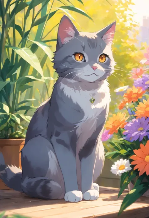 A dark grey short haired british cat, detailed bright orange eyes, sitting in a sunlit room, surrounded by colorful flowers. Soft, warm lighting illuminates the scene, highlighting the cats delicate features. The cat is peacefully resting on home wooden ta...