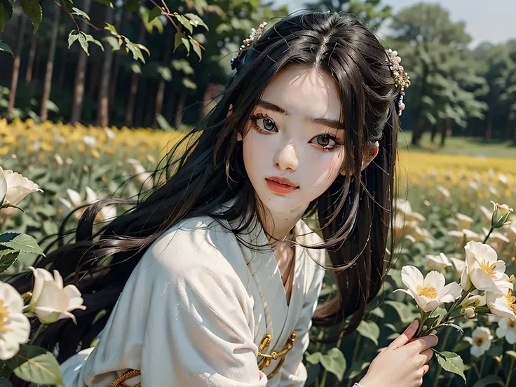 best qualtiy，tmasterpiece，超高分辨率，（真实感：1.4），RAW photogr，1girl，Chinese Hanfu，Slender thighs，Fine fine skin，blooming flower field，Glowing skin，Light smile，(s the perfect face，perfect hand),best qualtiy， tmasterpiece， 超高分辨率，