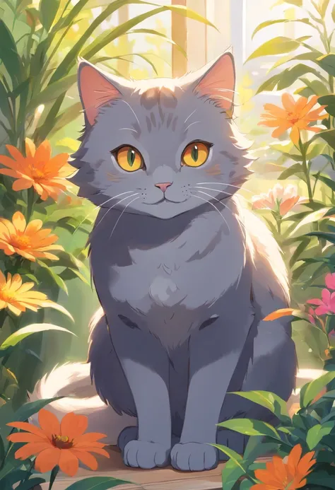 A dark grey short haired british cat, detailed bright orange eyes, sitting in a sunlit room, surrounded by colorful flowers. Soft, warm lighting illuminates the scene, highlighting the cats delicate features. The cat is peacefully resting on home wooden ta...