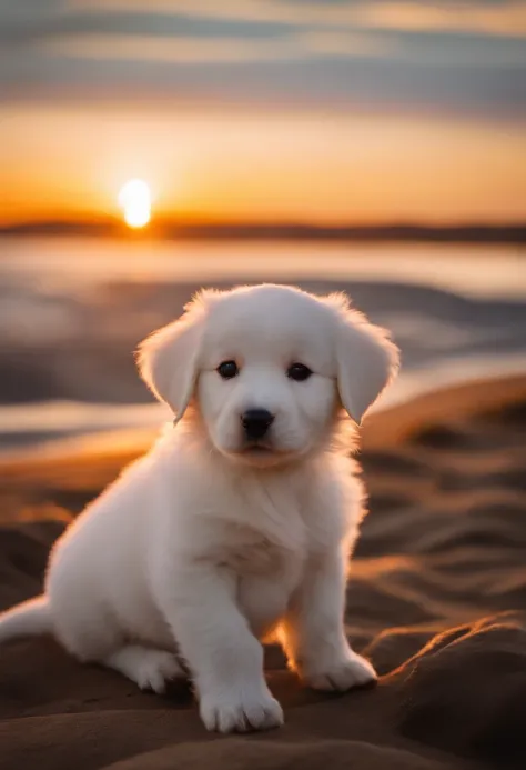 A white puppy at sunset