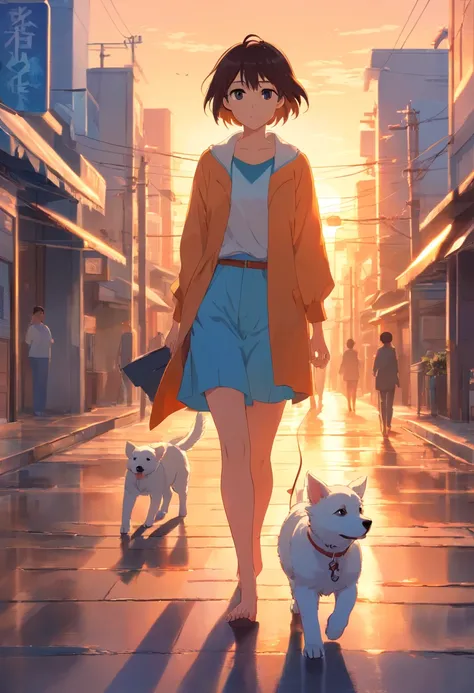 A beautiful woman takes a walk with a white puppy in the sunset