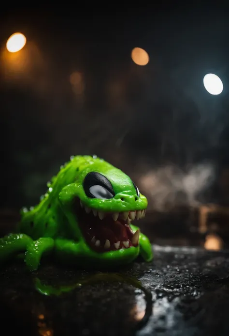 Venom in slime form combined with Spongebob, evil, enemy, dark scene, smoke, fire