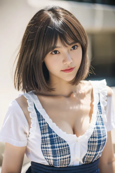 Grey Hair,light brown hair,Medium Hair,Short hair,swept bangs, bob cuts,Parted bangs,Blunt bangs,Bangs,side locks,Red Eyes,Hair Ornament,White shirt,Blue shirt,Short sleeve,Knitted vest,White vest,Beige vest,Yellow Neck Ribbon,Navy skirt,checkered skirt,Sm...