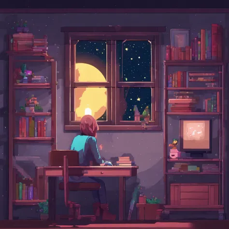 Beautiful teenage girl in her room in the city Waring Earpads Studding a Computer Book Infront Stars in Window at Night Hyper Realistic,8k,HD ultra detalhado,Estilo Pixar,High definition,1920x1080