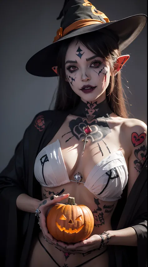 (Halloween，Halloween Witches，Bloody face tattoo makeup，With bloody fangs and pointed ears, Holding a giant jack-o-lantern,Witch totem and witch doodle，Crystal skeleton:1.65)，Delicate and transparent crystal gemstones，Inlaid skulls，Ghost fire，Fluorescence，H...