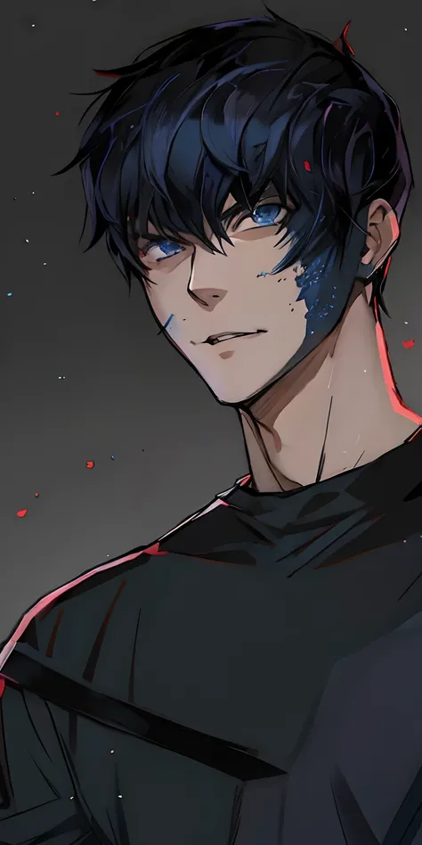 Anime boy with short black hair, blue eyes and black shirt looking at the camera,, cara de anime alto com olhos azuis, ele tem cabelos grisalhos escuros, hes very menacing and evil, 4 k manga wallpaper, Gapmoe Yander, sorriso roguish, fanart de alta qualid...