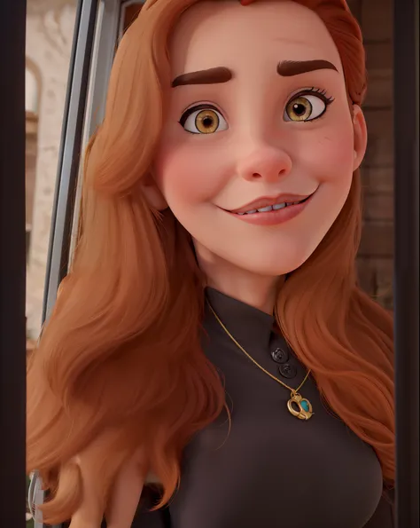 Mulher em estilo puxar Disney, ruiva, Brown eyes with a swiss shepherd dog, alta qualidade