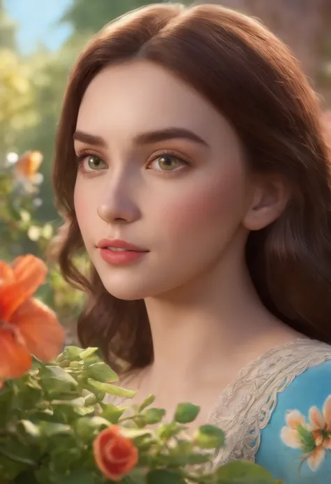 A girl with beautiful detailed eyes, beautiful detailed lips, and an extremely detailed face, long eyelashes, surrounded by Disney Pixar characters. The girl is standing in a vibrant garden full of colorful flowers and lush greenery. The garden is bathed i...