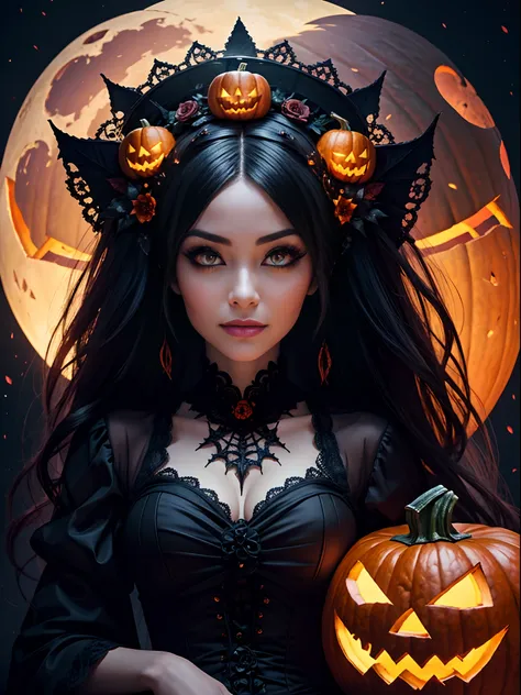 landscape: Reine des morts, full bodyesbian, Halloween palace in the valley, The theme of Halloween is spectacular、iintricate，detail-rich, Surreal，Red Moon，((DreamlikeArt：todos vendo olho))，1girll，beautidful eyes，Glowing, Hydrated eyes，Delicate facial feat...