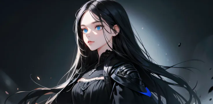 1 girl, high resolution, long black hair, blue eyes, wearing cute and modest black dress, weak, scared, detailed face, dark background, ultrasharp, 8K, masterpiece, looking at the sides