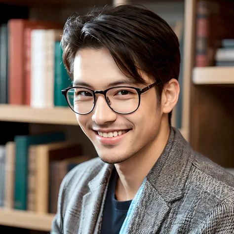 a man wearing glasses in an intellectual style, smiling, high-quality, ultra-detailed, realistic, professional, vivid colors, portrait, bright colors, soft lighting, bookshelf in the background, calm expression, stylish clothing