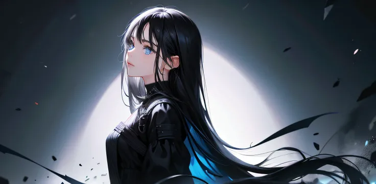 1 girl, high resolution, long black hair, blue eyes, wearing cute and modest black dress, weak, scared, detailed face, dark background, ultrasharp, 8K, masterpiece, looking at the sides