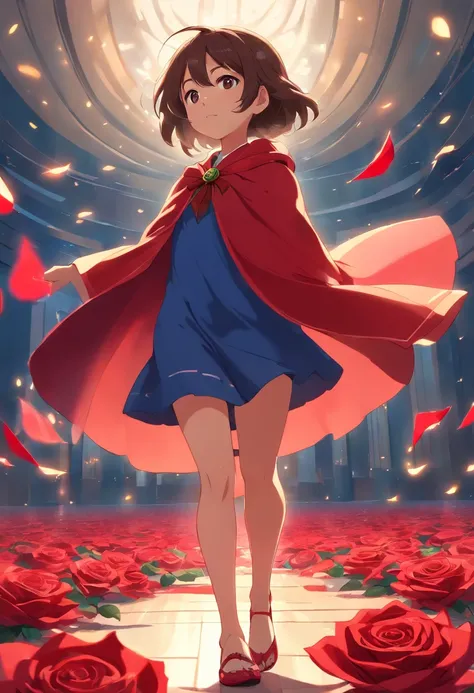 Menina de 4 anos, gordinha, de cabelos cacheado castanho escuro e com olhos castanhos, Wearing a red cape and dancing inside a giant red rose