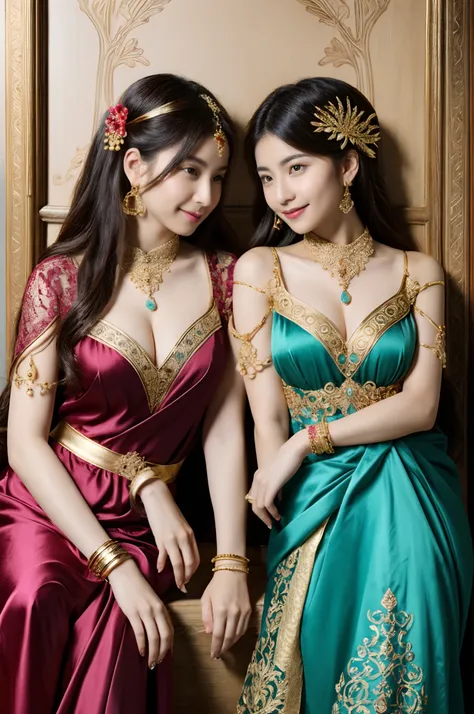 The proportions are the same for all races, All faces and pictures must be different,Portraits of two vibrant exotic goddesses,Silk lace,Embroidery,armlets, bangle:1.3,Ancient hair accessories,