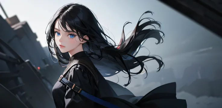 1 girl, high resolution, long black hair, blue eyes, wearing cute and modest black dress, not confident, weak, scared, detailed face, dark background, ultrasharp, 8K, masterpiece, looking at the sides