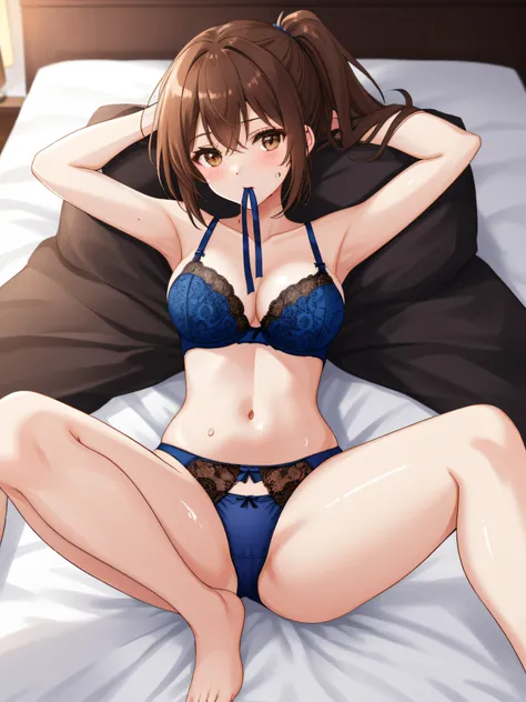 32K, 8K, (In the chest:1.2), Arms above the head, ((Opening legs)), ​masterpiece, Gorgeous lace string underwear in dark blue、((T-back panties that dig into the crotch))、Japan idle, Wide waist, ((open ones legs)), (Sloppily open your mouth), （Open both eye...