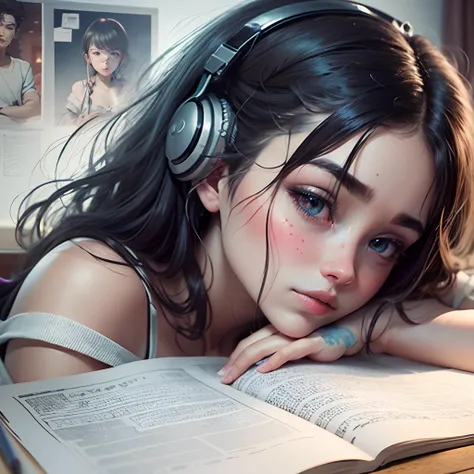 the best quality image,pencil drawing, simple lineart, anime, youtube banner for channel LO F,  a beautiful  girl listening with your headseat  while stydies , concetrated and calm, fantasy imagens leaves in form of cloud get out of your head , inside of a...