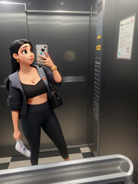 Um mulher branca com roupa preta. estilo disney pixar, alta qualidade, melhor qualidade. Adicione de fundo algo no estilo dsiney