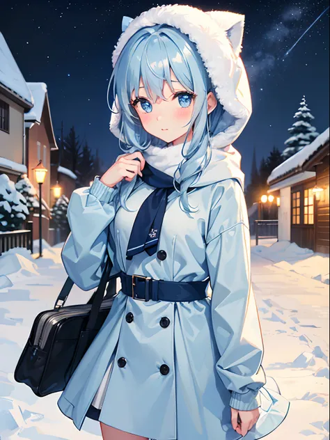 1girl in,Light Blue Medium Hair,Tying hair,Light blue eyes,Cute,blush,medium breasts⁩, winter, outdoors, night, starry sky, warm clothes