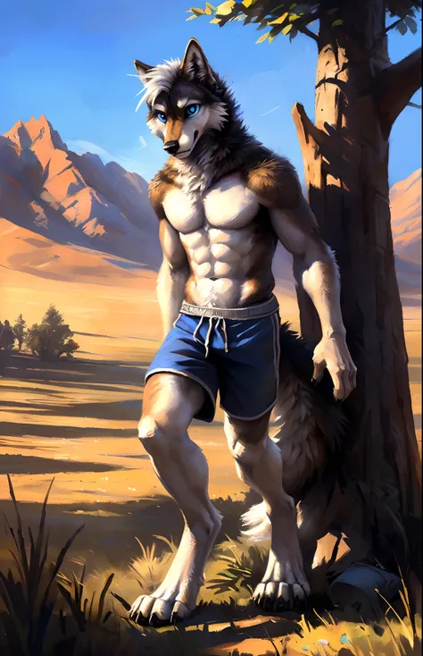 ((Solo)), male people, anthro wolf, (Multi-colored fur, White-brown:1.3，White tail pointed), (Height 2.3 meters,Tail length 1.2m), ((Wolf face, White hair, Big eyes, White eyelids, Blue pupil, Slim:1.2) (Tough, Calm expression:1.2)), Abs, Slim, pinging)), ...