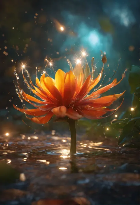 Magical Fantastic Flowers, Liquid Structure, Flying Petals, Sparks, Lightning, Splash, Portrait Photography, Fantasy Background, Intricate Patterns, Ultra Detailed, Luminous, Radiance, Ultra Realism, Complex Details, Intricate Details, 16k, HDR, High Quali...