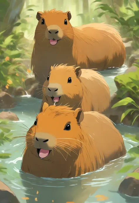 (best quality,4k,8k,highres,masterpiece:1.2),ultra-detailed,(realistic,photorealistic,photo-realistic:1.37),capys in natural hot spring,capybaras soaking in the warm water,playful capybaras enjoying the heat,relaxed capybaras with steam rising,serene capyb...