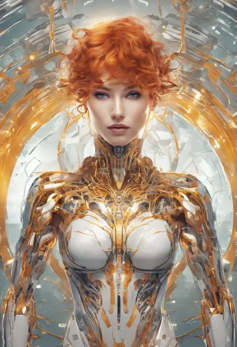 Futuristic conceptual design of the Vtuber model of a redhead woman with wavy hair with a golden eye with her (((torso floating above his waist as if it had been cut in half))) has demon horns and a tail with a fork-like end, Futuristic demon wings that di...